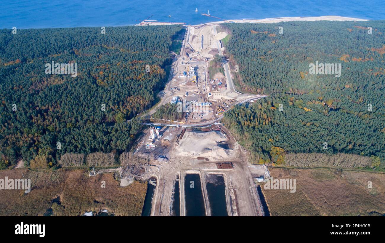 Site de construction du canal Vistule Spit - connexion entre le lagon de Vistule et la baie de Gdańsk de la mer Baltique, Pologne Banque D'Images