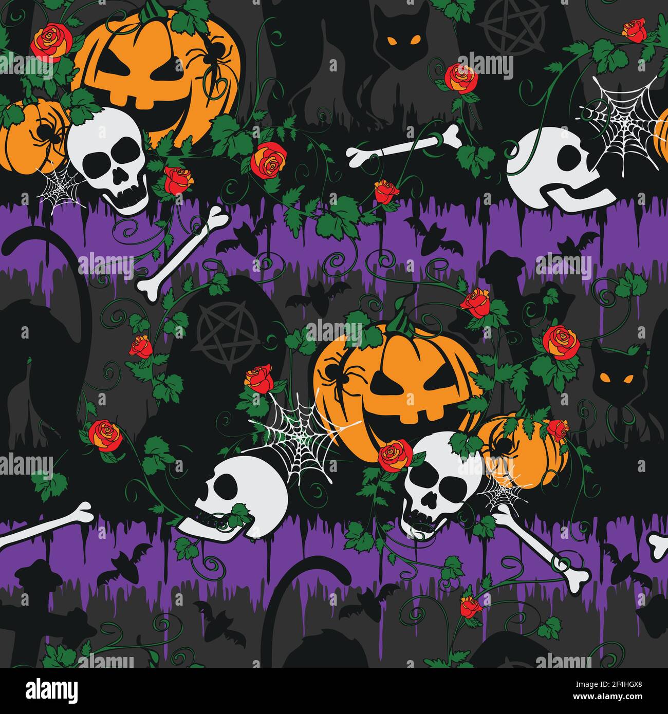 Motif vectoriel sans couture avec citrouilles et chats noirs sur fond gris. Papier peint style cimetière gothique Halloween avec roses rouges. Illustration de Vecteur