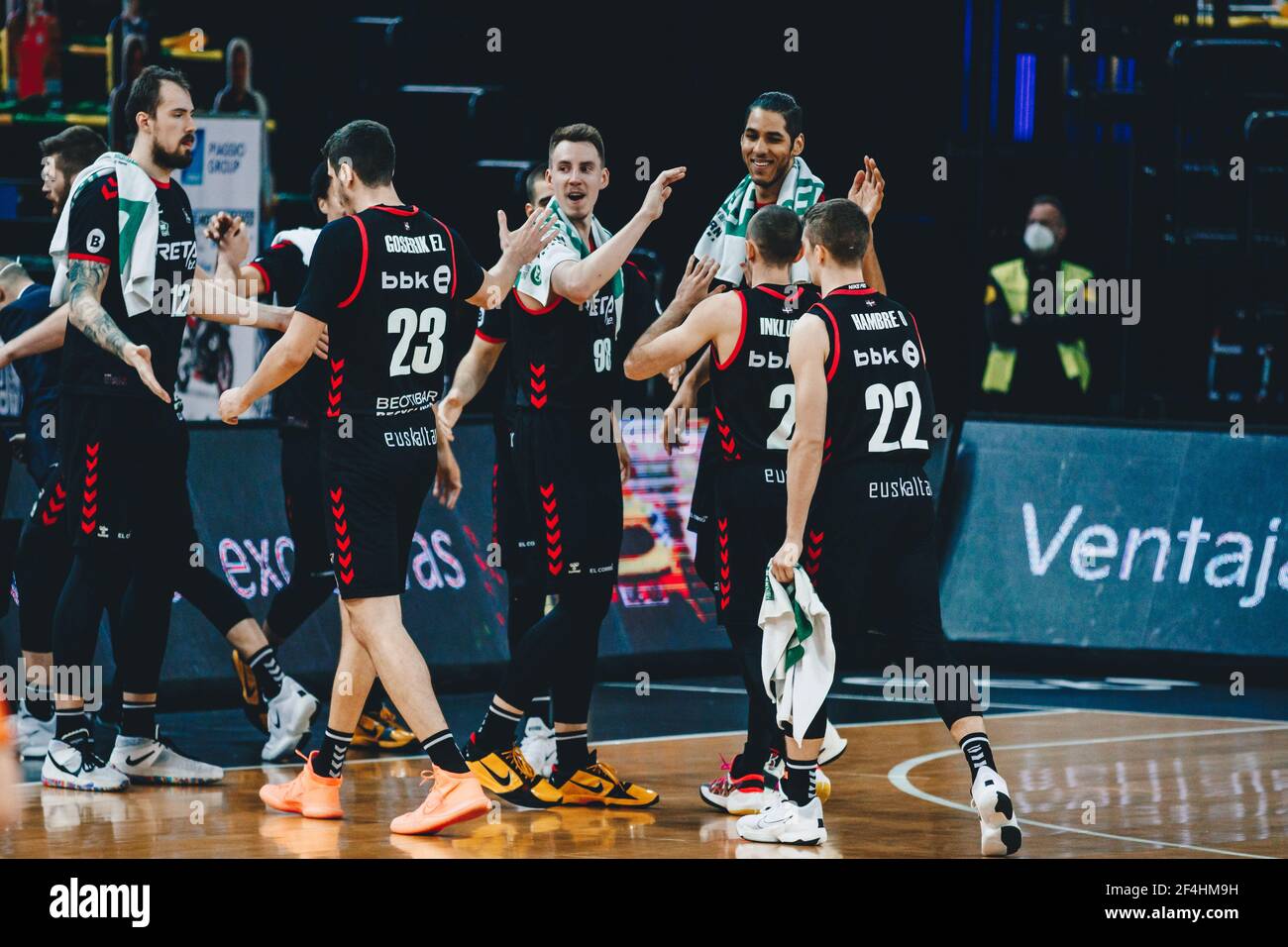 Bilbao, pays basque, ESPAGNE. 21 mars 2021. Les joueurs de Bilbao célèbrent  pendant le match de la semaine 25 de la Ligue ACB entre Retabet Bilbao  basket et TD Systems Baskonia à