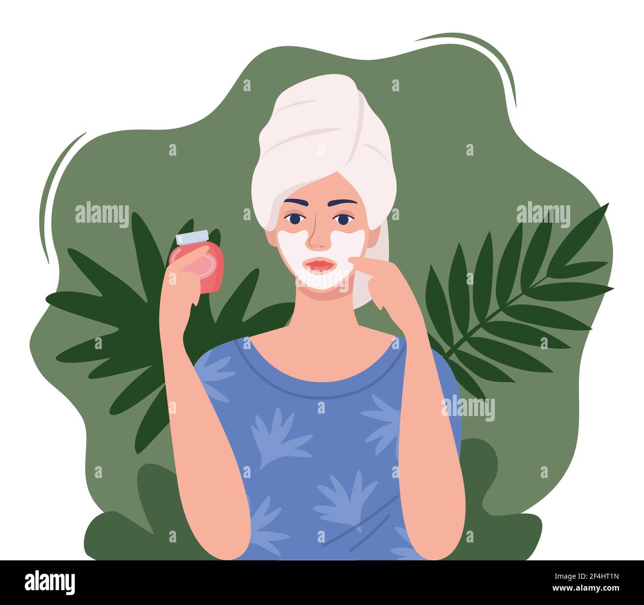 Une jeune femme avec une serviette sur sa tête fait des procédures cosmétiques. Masque facial, soins de la peau, traitement, relaxation. Feuilles tropicales sur fond. Soins de la peau c Illustration de Vecteur