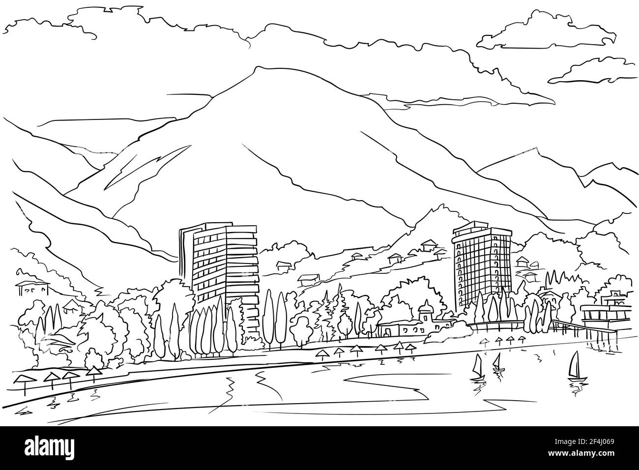 Une station balnéaire au pied des montagnes au bord de la mer. Vue de la mer. Dessin linéaire noir et blanc. Illustration de Vecteur