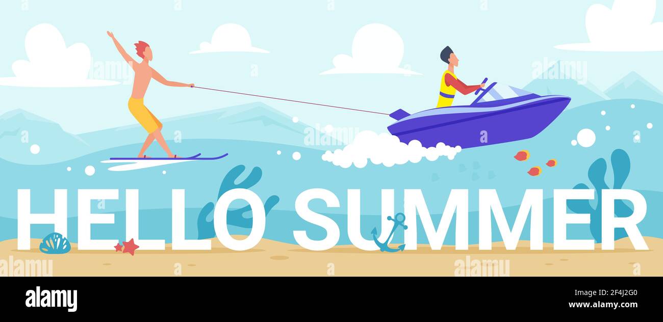 Bonjour été lettering, les gens ski nautique dans les vagues de la mer tropicale, équitation ski nautique Illustration de Vecteur