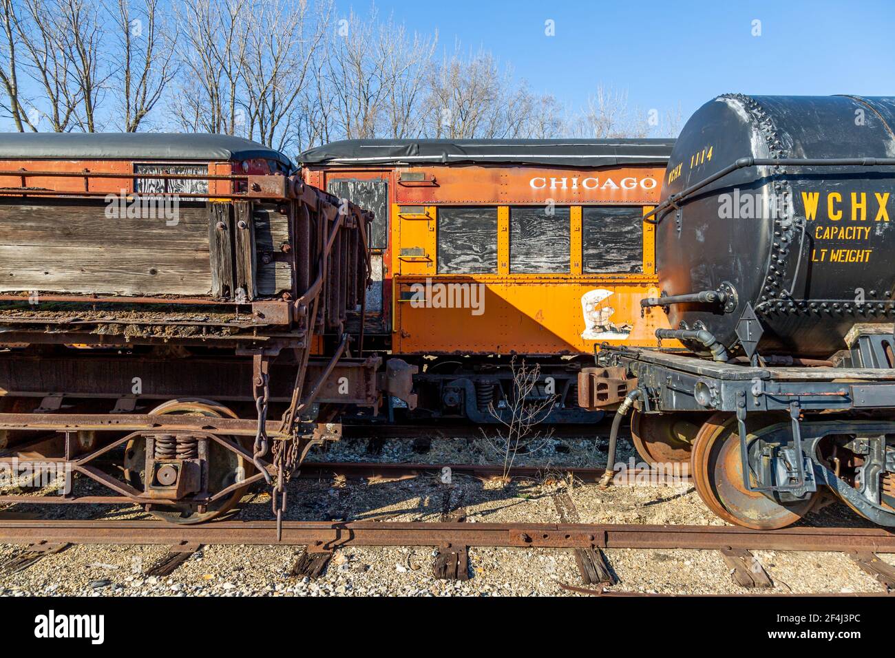 Des wagons anciens sont exposés au Hoosier Valley Railroad Museum à North Judson, Indiana, États-Unis Banque D'Images