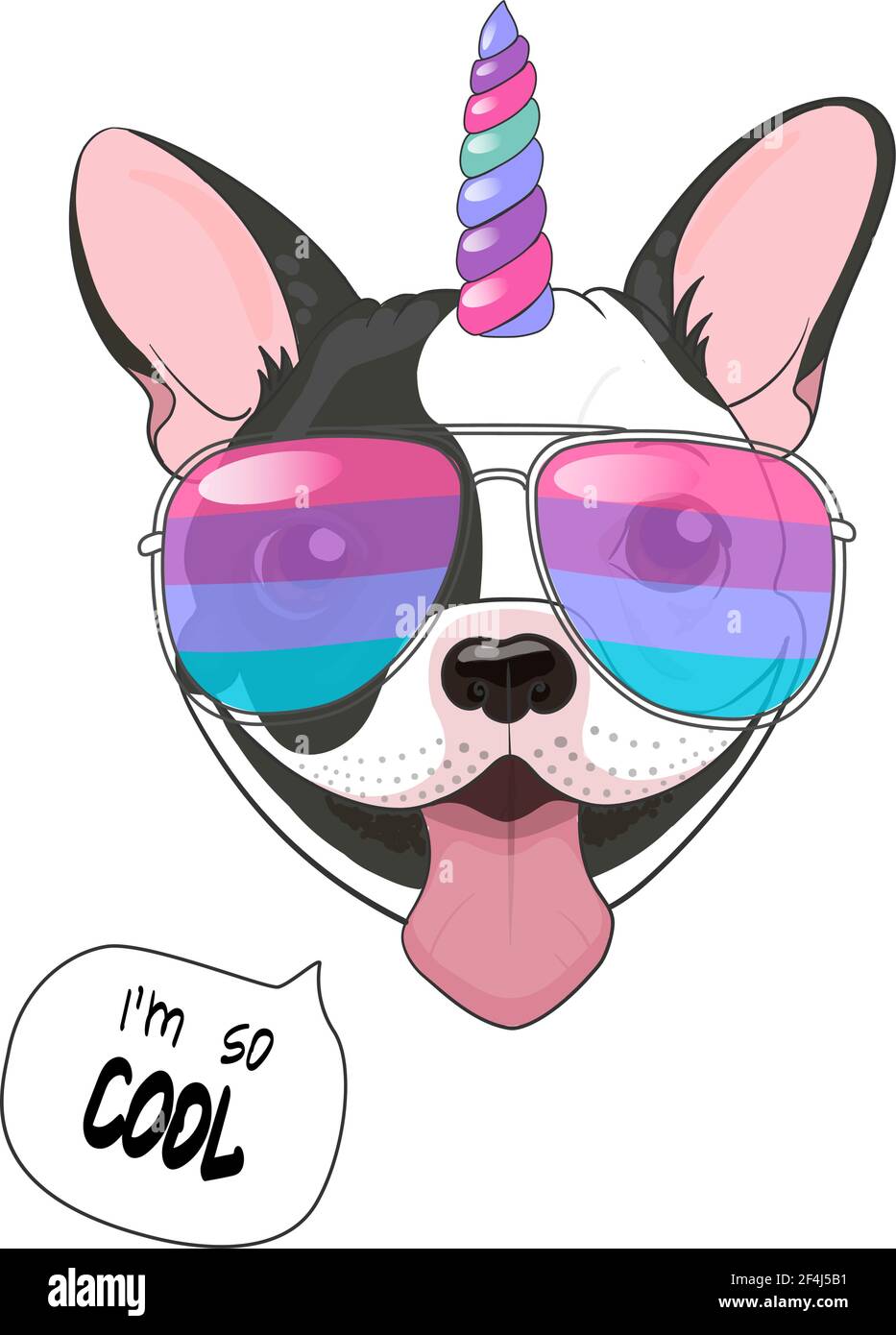 Affiche amusante. Bulldog français avec corne coloré et des lunettes arc-en-ciel, avec la citation je suis cool. Illustration vectorielle unicorn-Dog, .isolé sur fond blanc Illustration de Vecteur