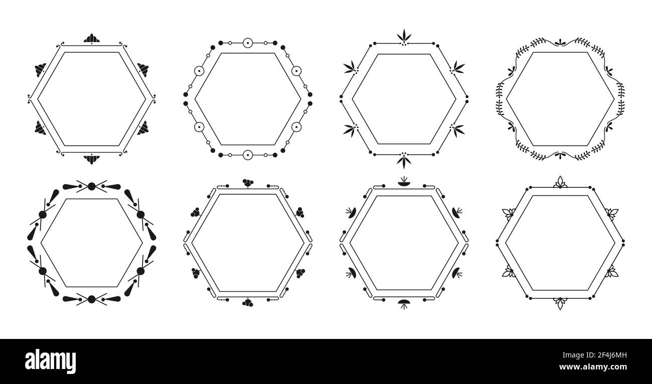 Ensemble de cadre en glyphe décoratif élégant. Décor graphique hexagonal ornement bordure pour texte carte d'invitation de mariage, certificat, menu, page de livre. Élégante illustration vectorielle isolée avec cadre fleuri vintage Illustration de Vecteur
