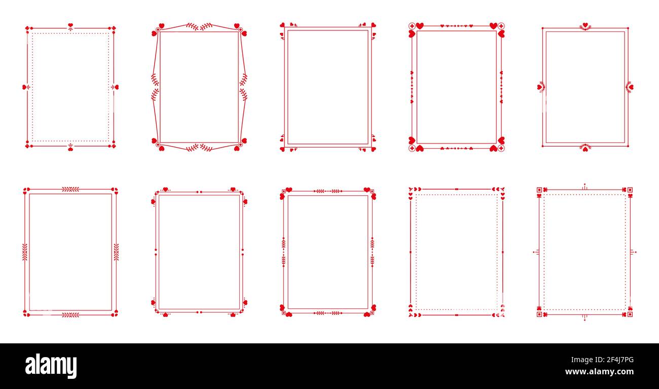 Ensemble de cadres calligraphiques décoratifs en filigrane rouge. Élégante bordure de texte calligraphe vintage avec coeurs ou ornements floraux modèle idéal pour la décoration carte de mariage, certificat. Illustration vectorielle isolée Illustration de Vecteur