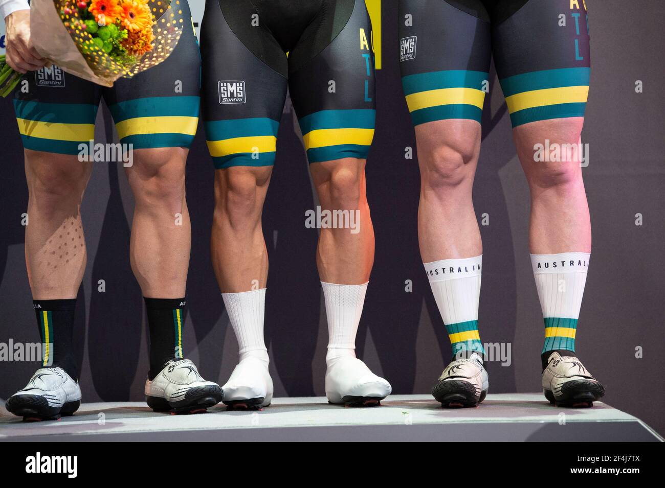 Jambes de l’équipe masculine australienne sprint, podium, UCI Track World Championships, Berlin, Allemagne (photo de Casey B. Gibson) Banque D'Images