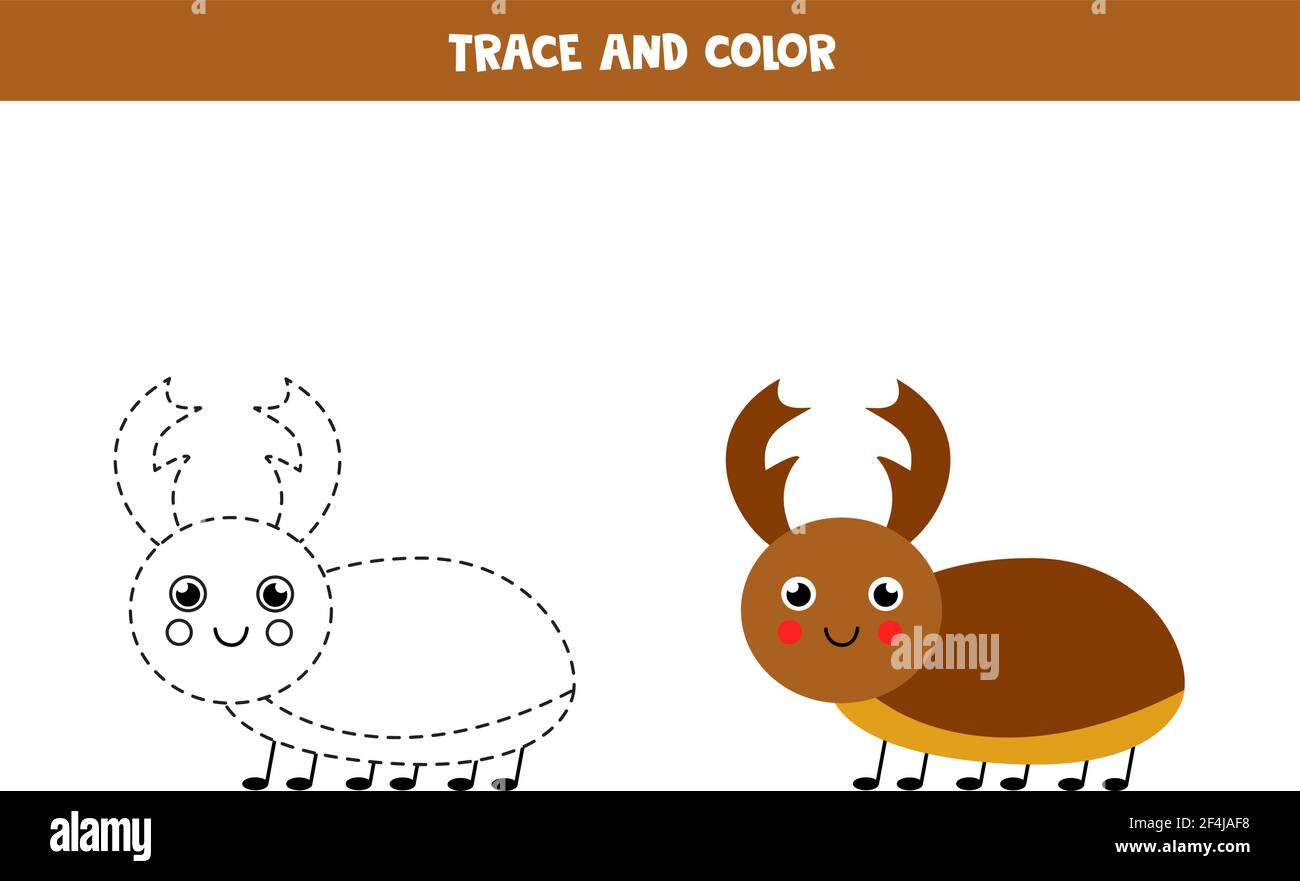 Trace et couleur mignon coléoptère de cerf. Jeu éducatif pour les enfants. Pratique de l'écriture et de la coloration. Illustration de Vecteur