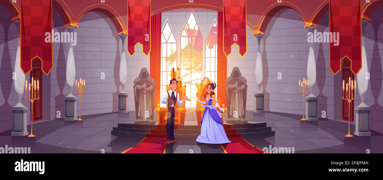 Prince et princesse dans la salle du trône à la salle du château Illustration de Vecteur