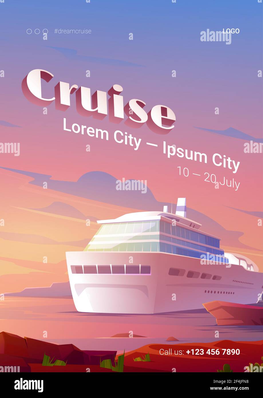 Affiche de croisière d'été avec bateau dans l'océan au coucher du soleil Illustration de Vecteur