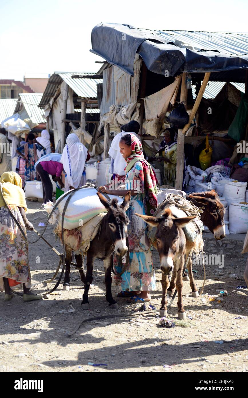 Le marché dynamique de Mekele, région du Tigray, Éthiopie. Banque D'Images