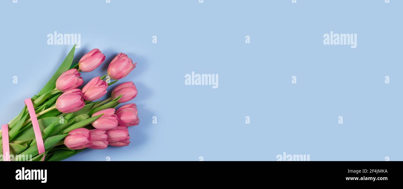 Tulipes roses fleurs sur fond bleu. Carte pour la fête des mères, 8 mars, joyeuses Pâques, Saint Valentin, anniversaire. En attente du printemps. Carte de vœux. Plat Banque D'Images