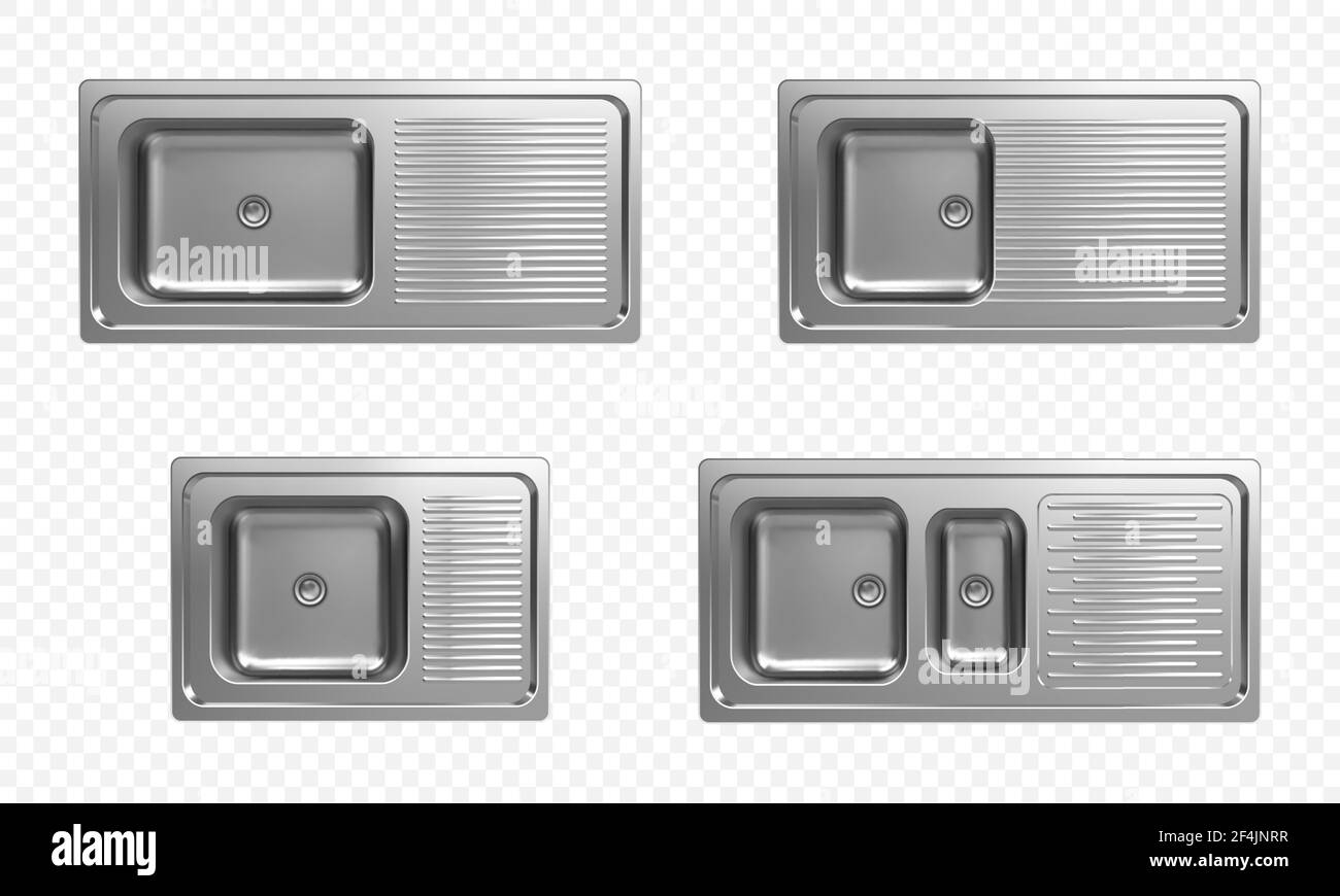 Ensemble réaliste d'éviers de cuisine en acier inoxydable vue du dessus Illustration de Vecteur