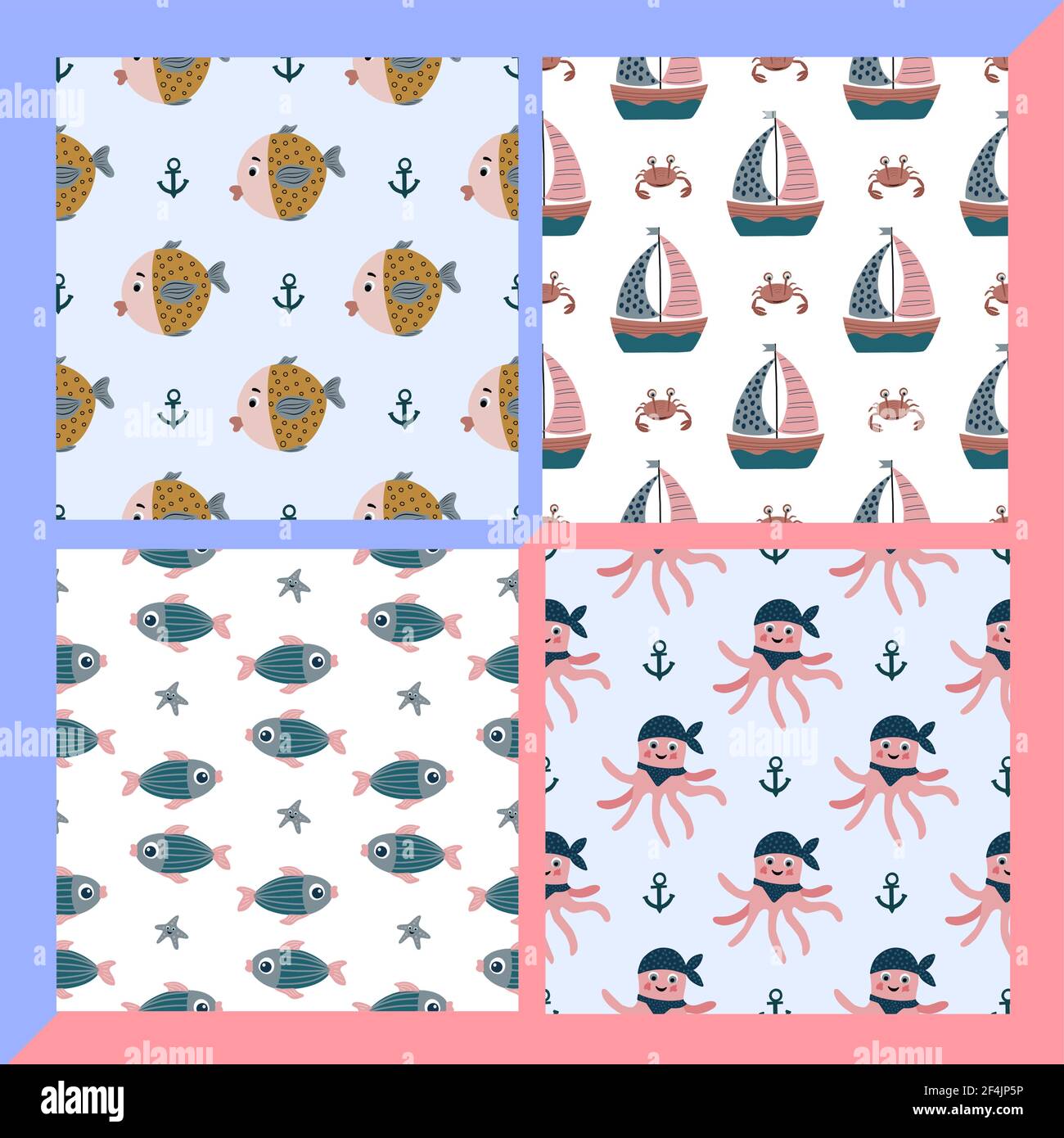 Ensemble de motifs pour textiles de bébé. Thème marin. Design délicat pour les puillotes. Illustration vectorielle Illustration de Vecteur