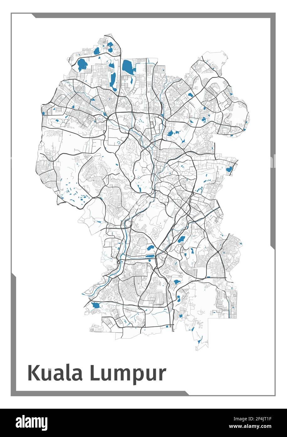 Affiche carte Kuala Lumpur, vue sur le plan de l'espace administratif. Noir, blanc et bleu carte détaillée de la ville de Kuala Lumpur avec ses rivières et ses rues. Outeli Illustration de Vecteur