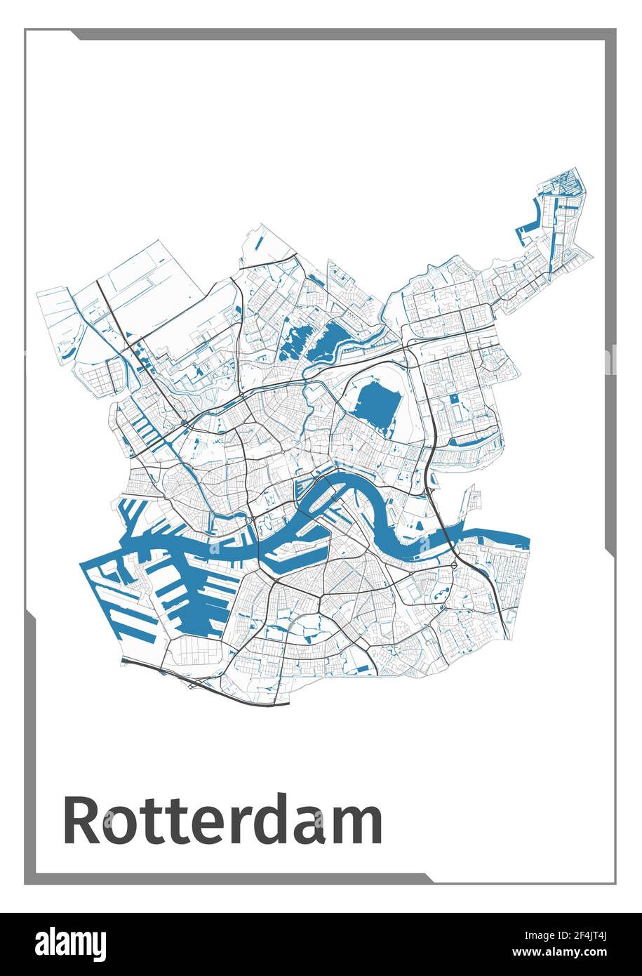 Affiche de carte de Rotterdam, vue sur le plan de la zone administrative. Noir, blanc et bleu carte détaillée de la ville de Rotterdam avec ses rivières et ses rues. Contour silh Illustration de Vecteur