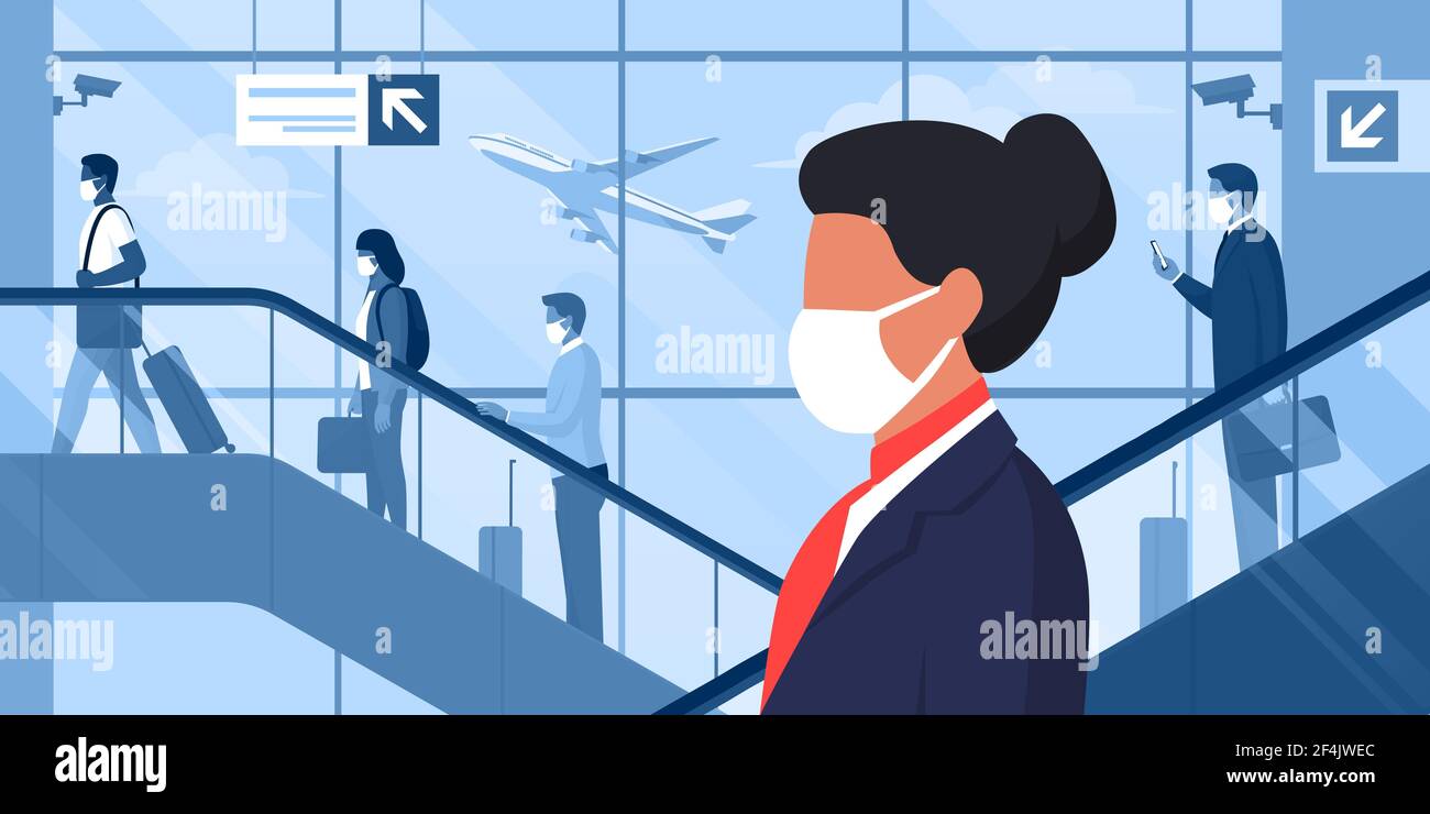 Hôtesse d'air professionnelle avec masque facial à l'aéroport et passagers avec bagages en arrière-plan Illustration de Vecteur
