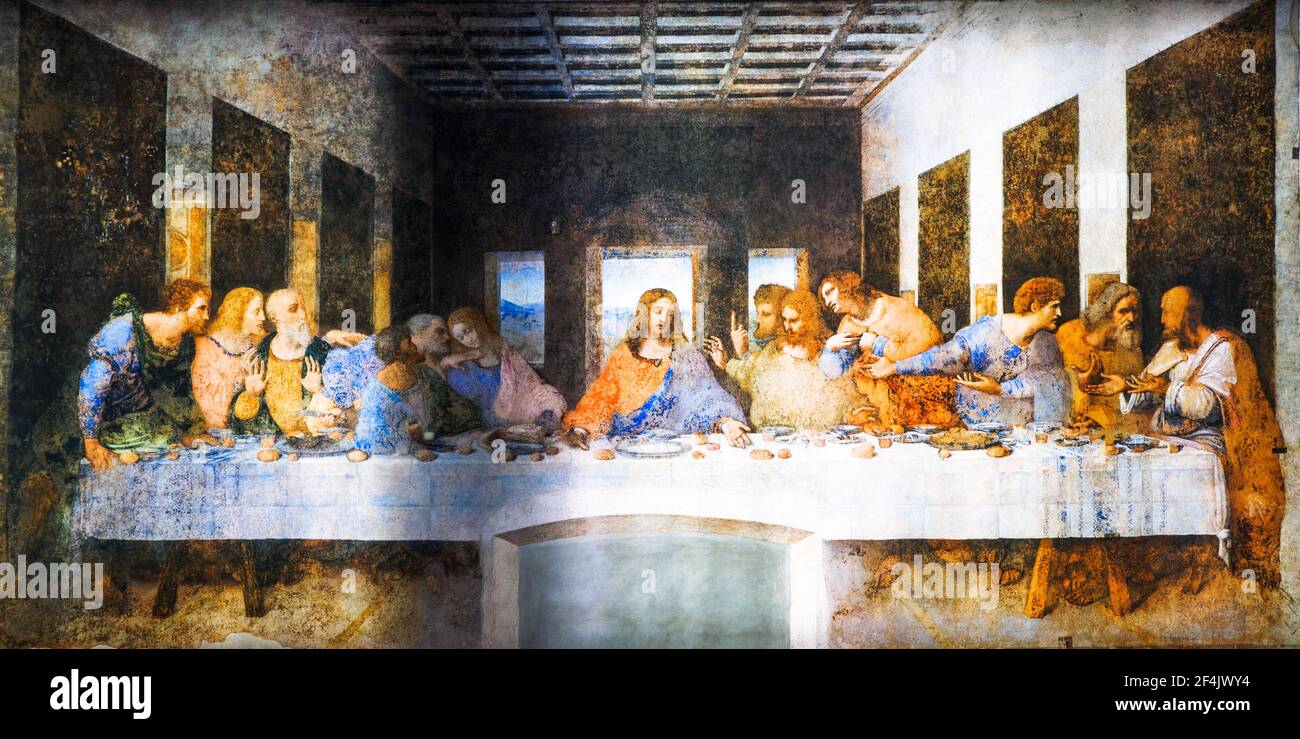 La Cène (il Cenacolo ou l'Ultima Cena ) Vers 1495–96 par la peinture murale Leonardo da Vinci Banque D'Images