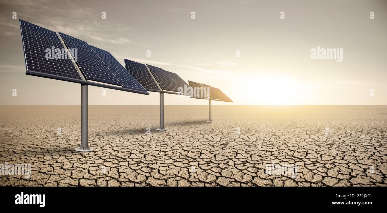 Panneaux solaires dans le désert. Concept d'énergie durable Banque D'Images