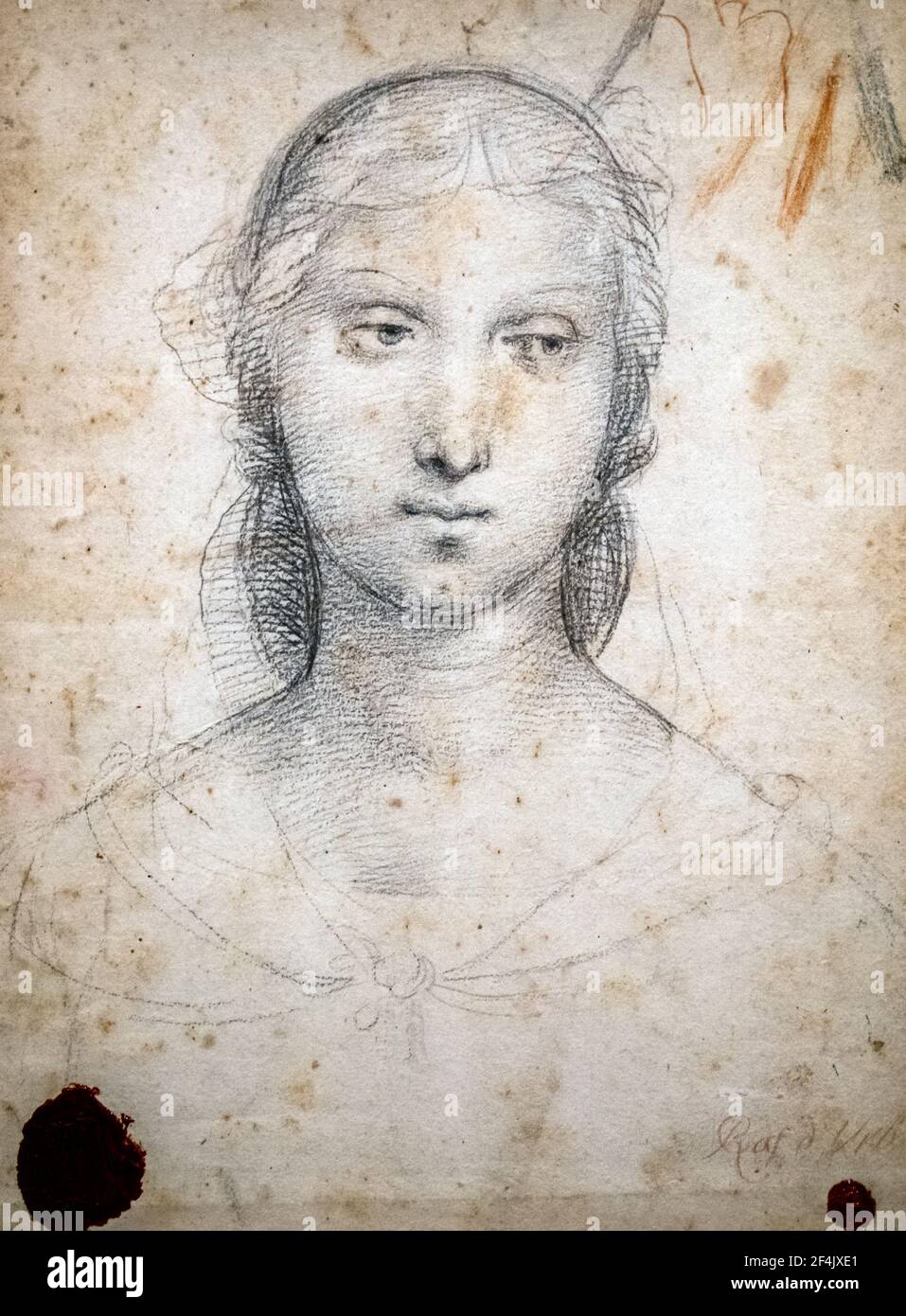 Chef d'une fille par Raffaello Sanzio connu sous le nom de Raffaello (1483-1520) environ 1502-1503 craies noires Banque D'Images