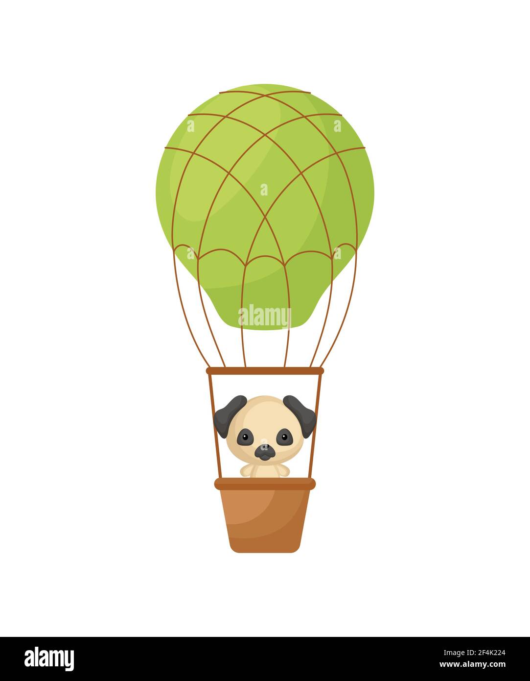 Un petit chien mignon vole sur un ballon d'air chaud vert. Personnage de dessin  animé pour les enfants livre, album, douche de bébé, carte de voeux,  invitation de fête, maison int Image