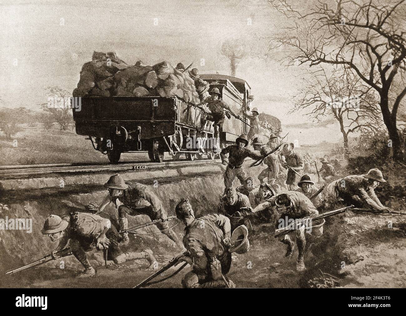 L'impression d'un artiste de la première Guerre mondiale à l'égard des troupes britanniques repousse une attaque contre Dawn sur leur train de chemin de fer ougandais. Banque D'Images