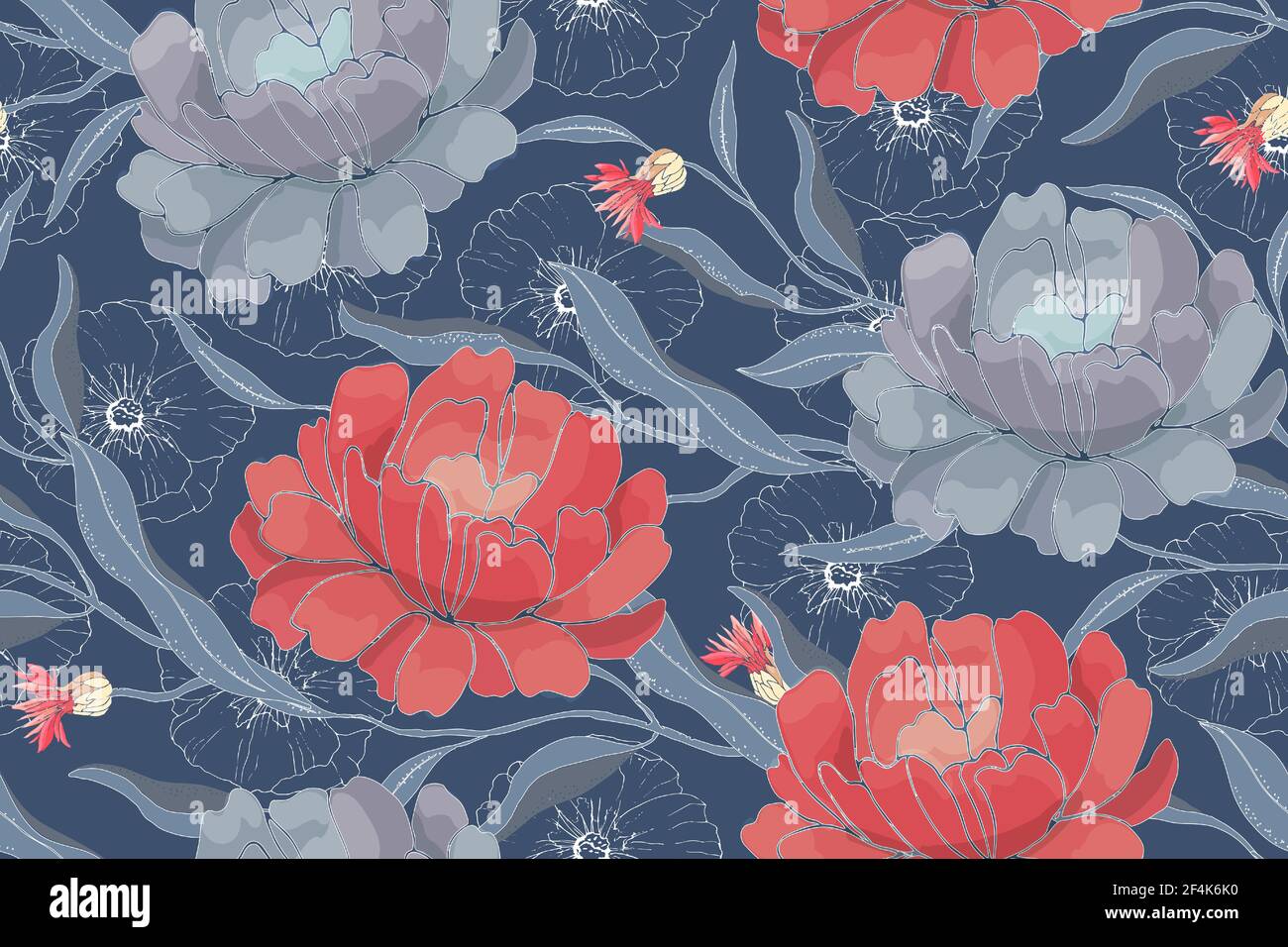 Motif sans couture de vecteur floral d'art. Fleurs rouges et bleues avec des branches, feuilles isolées sur fond bleu. Illustration de Vecteur