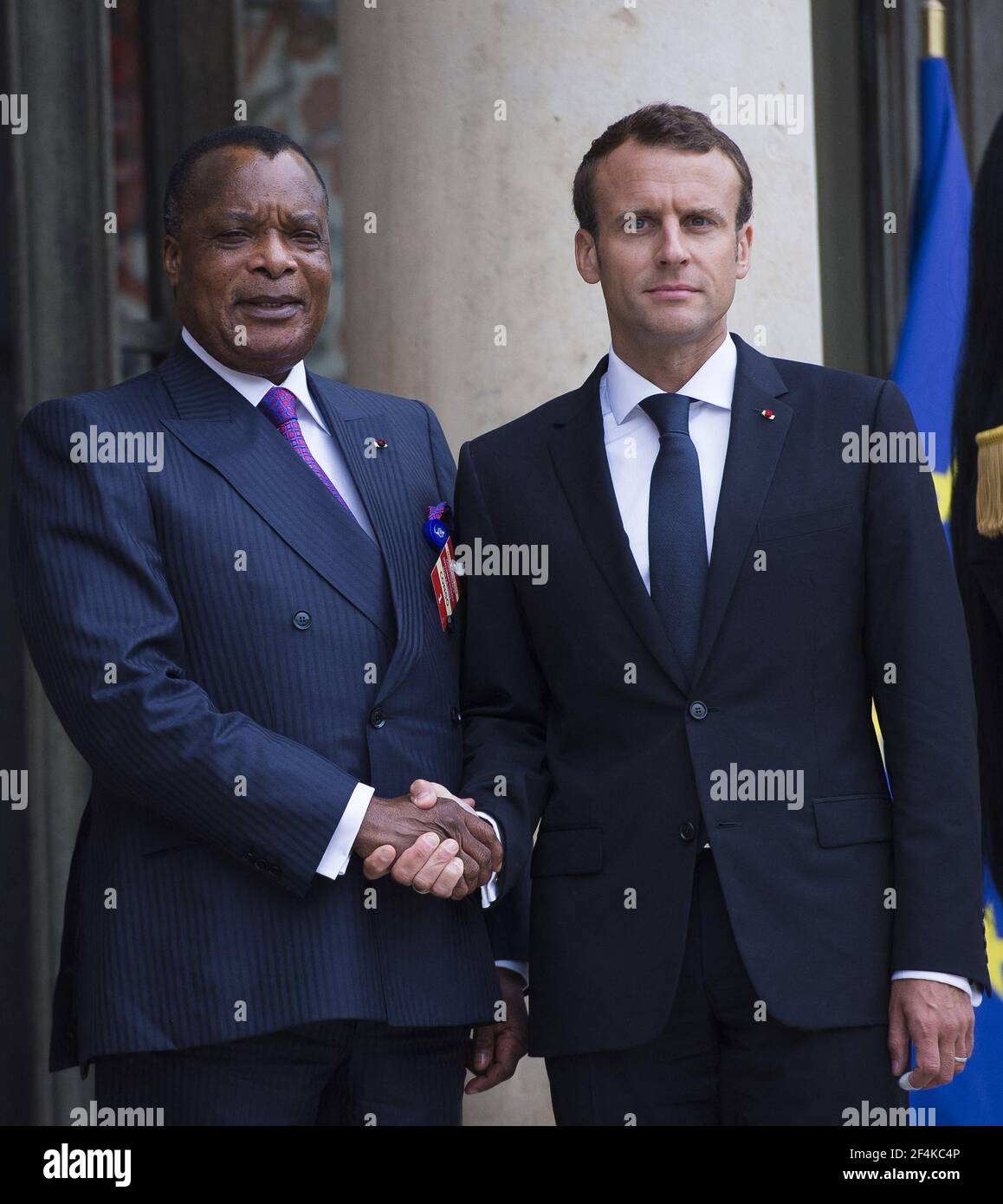 Photo du dossier datée du 29 mai 2018, du président français Emmanuel Macron et du président de la République du Congo Denis Sassou Nguesso à l'Elysée Palace de Paris, France. - l'adversaire congolais Guy-Brice Parfait Kolelas, 60 ans, est mort de Covid-19 lors de son évacuation médicale en France. Il était le principal rival de Denis Sassou Nguesso lors de l'élection présidentielle qui s'est tenue le dimanche 21 mars au Congo-Brazzaville. Photo par Eliot Blondt/ABACAPRESS.COM Banque D'Images