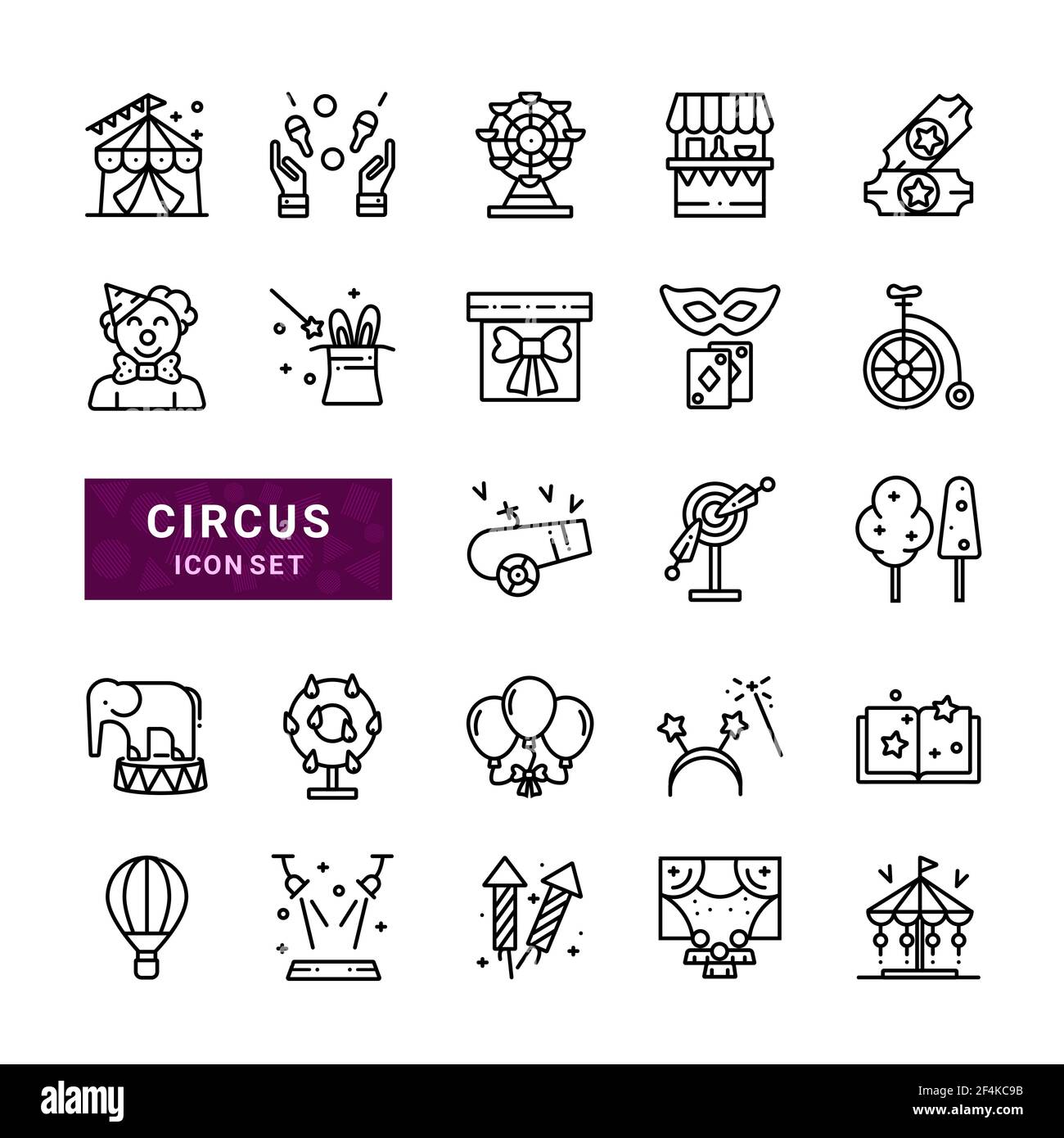 Сircus icônes vectorielles linéaires minimales de la toile fine. Contient des icônes telles que le clown de caractères, le carrousel, la tente et plus encore. Illustration de Vecteur