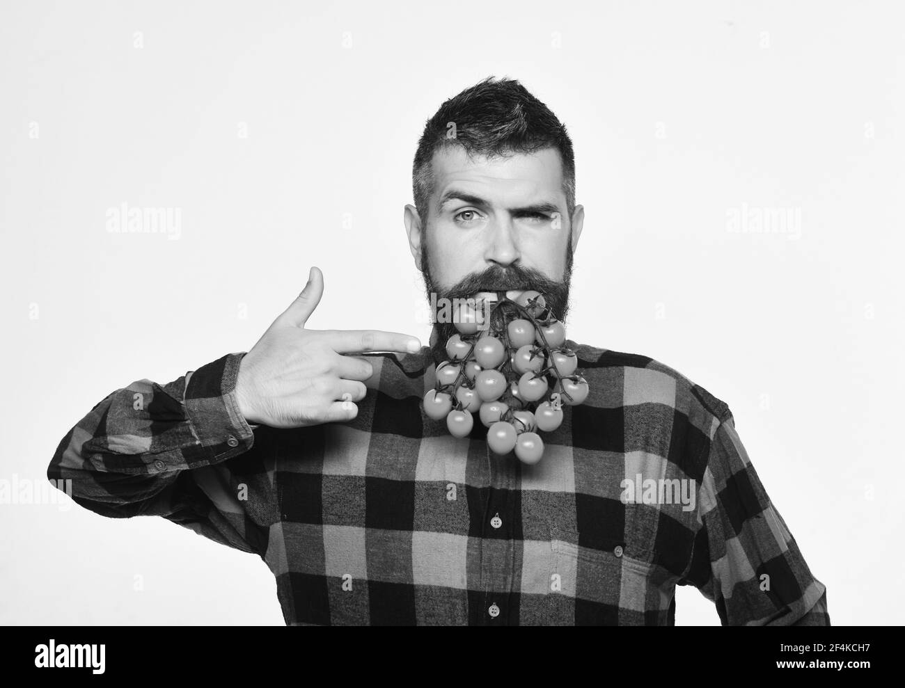 L'homme tient les baies de tomate comme une barbe isolée sur fond blanc. Banque D'Images