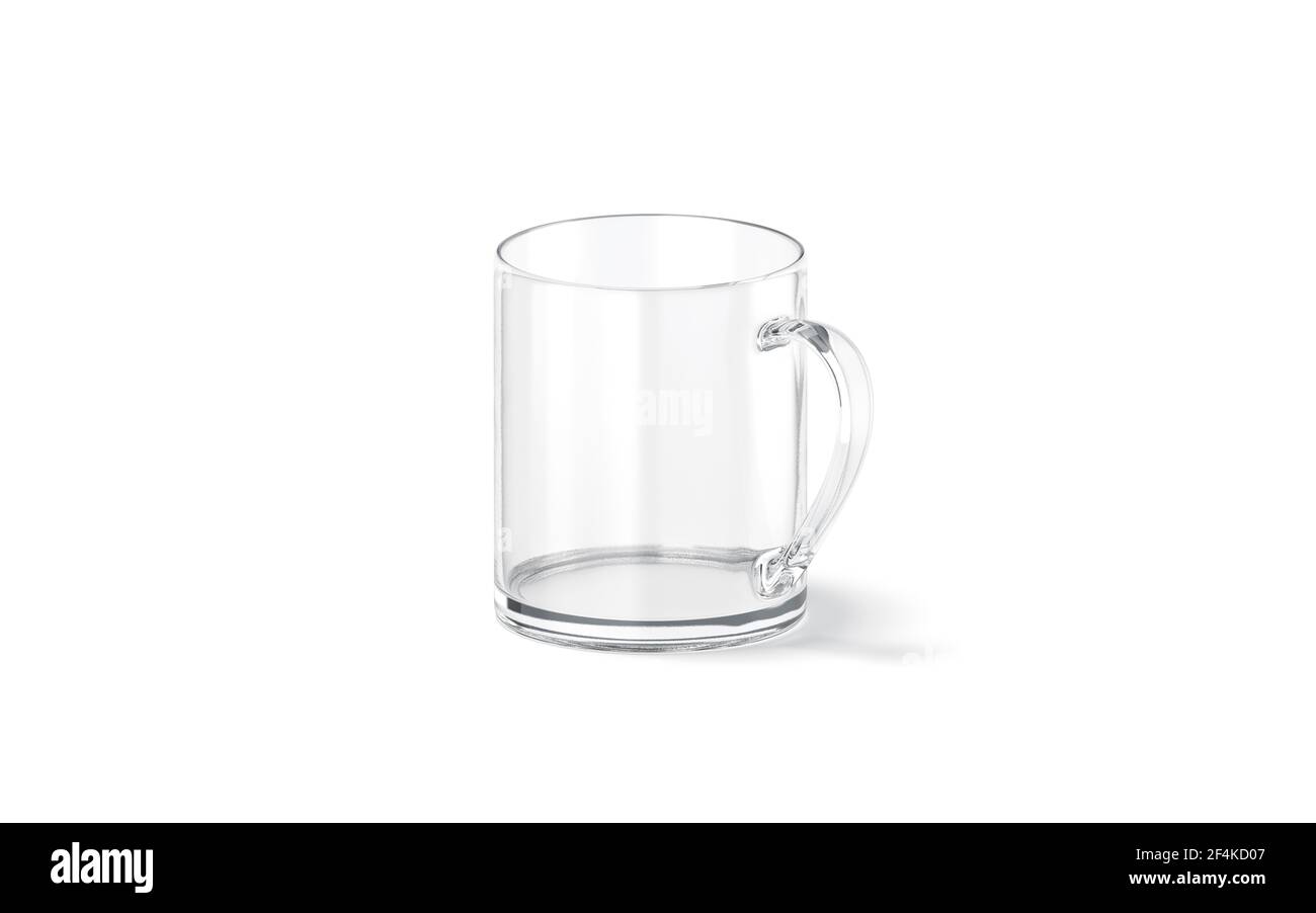 Tasse en verre transparent vierge de 11 oz avec support de maquette à poignée, isolée Banque D'Images