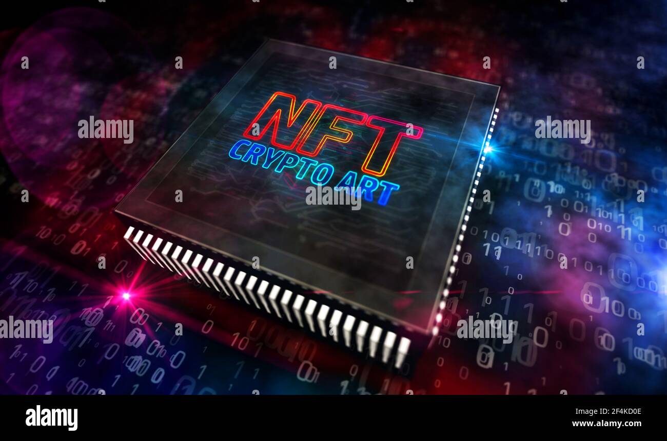 Symbole NFT Crypto Art. Jeton non fongible, vente de pièces de collection numériques, transaction cybernétique et concept de certificat unique. Illustration 3D de la technologie. Banque D'Images