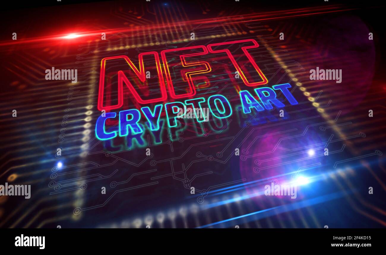 Symbole NFT Crypto Art. Jeton non fongible, vente de pièces de collection numériques, transaction cybernétique et concept de certificat unique. Illustration 3D de la technologie. Banque D'Images