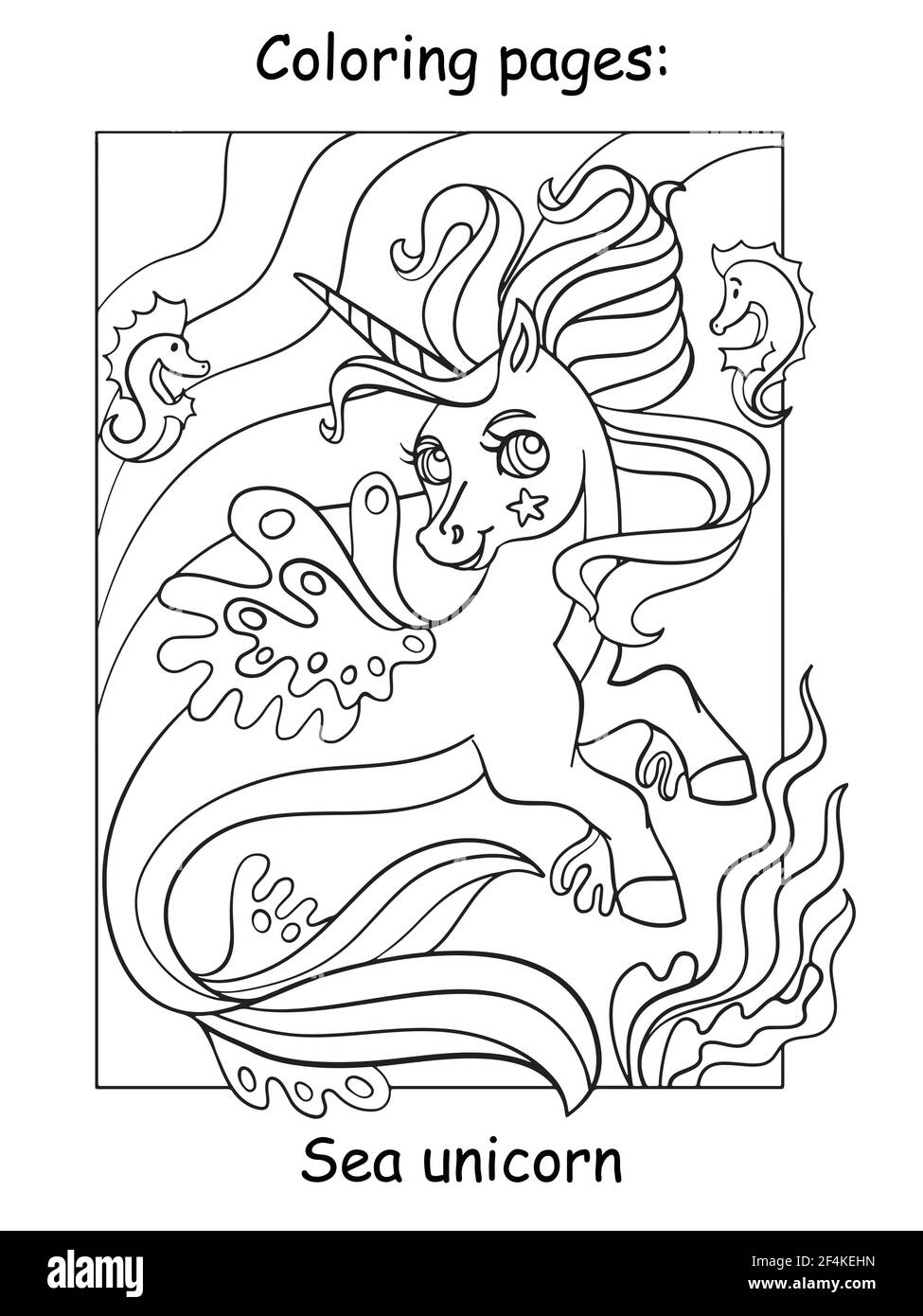 Jolie licorne de mer avec longue queue et manne. Page de livre de coloriage pour les enfants. Illustration de dessin animé vectoriel isolée sur fond blanc. Pour livre de coloriage Illustration de Vecteur