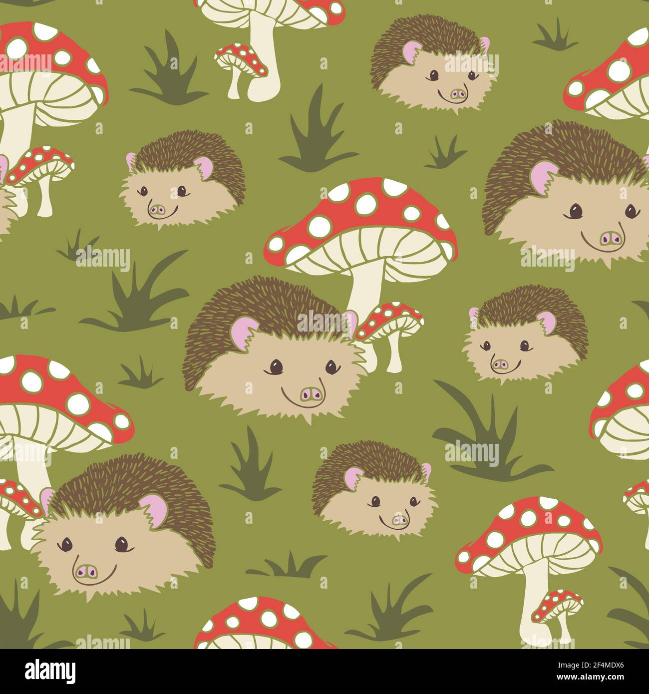 Motif vectoriel sans couture avec hérissons et champignons sur fond vert. Joli papier peint animal pour les enfants. Illustration de Vecteur