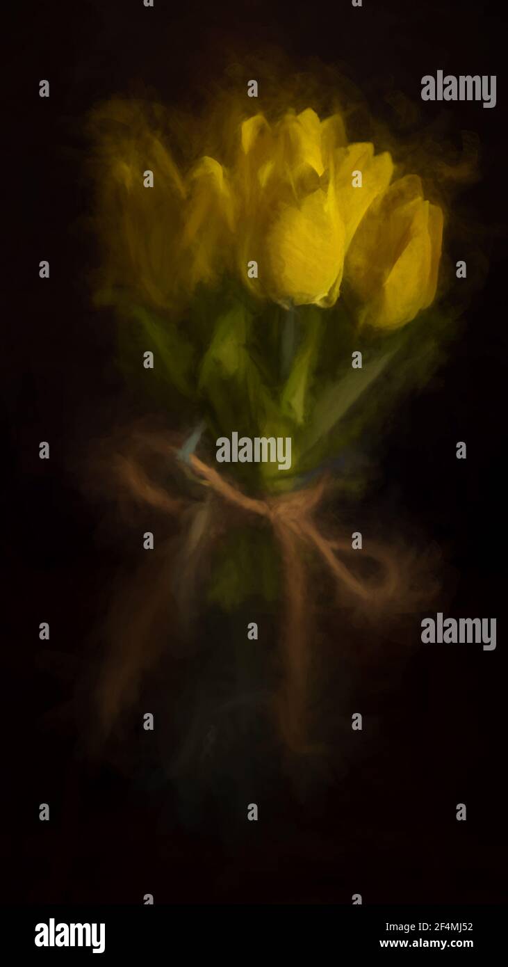 Peinture numérique d'un bouquet de fleurs de tulipe jaune dans une bouteille en verre isolée sur fond noir. Banque D'Images