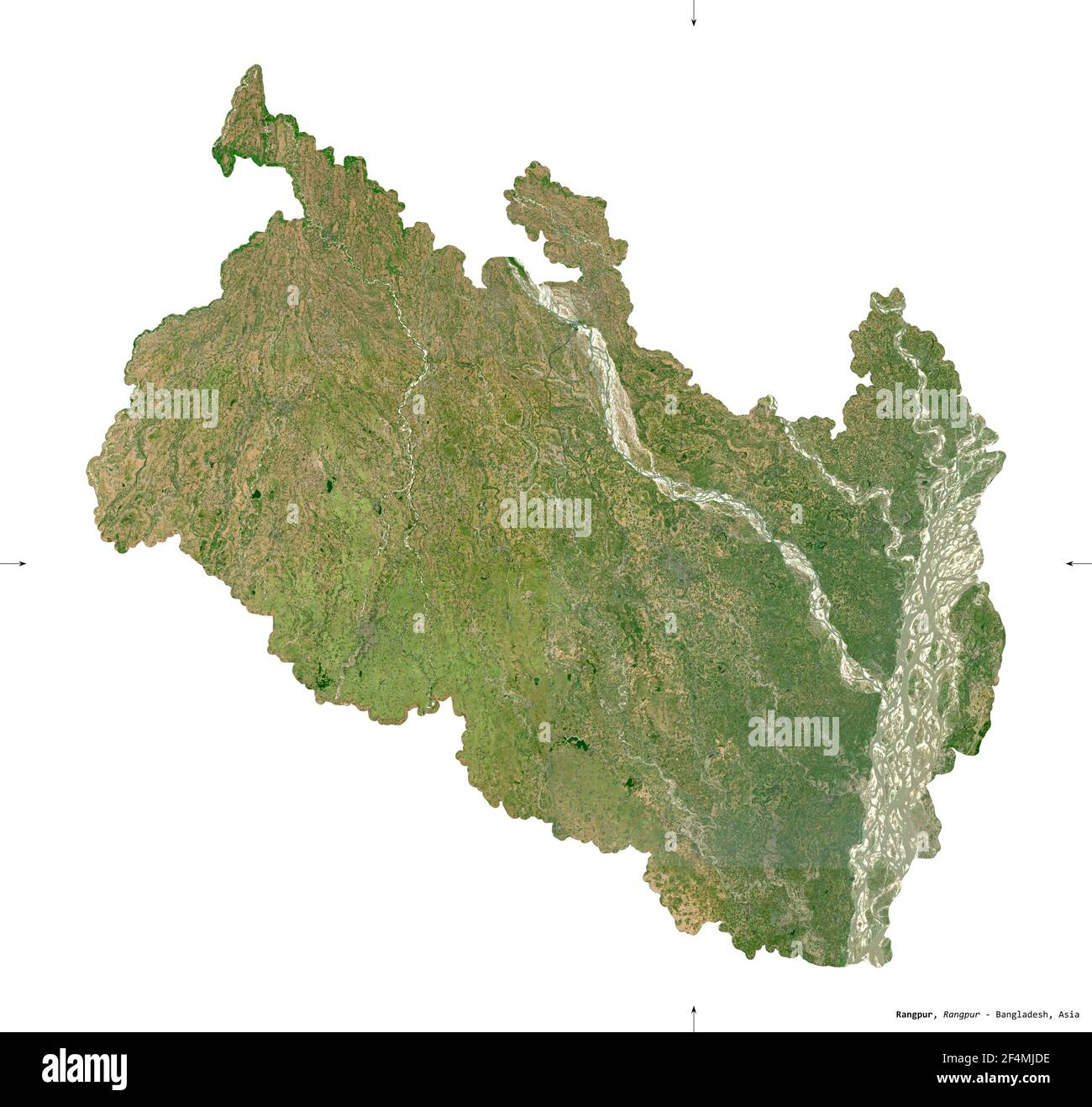 Rangpur, division du Bangladesh. Imagerie satellite Sentinel-2. Forme isolée sur solide blanc. Description, emplacement de la capitale. Contient modifié Banque D'Images