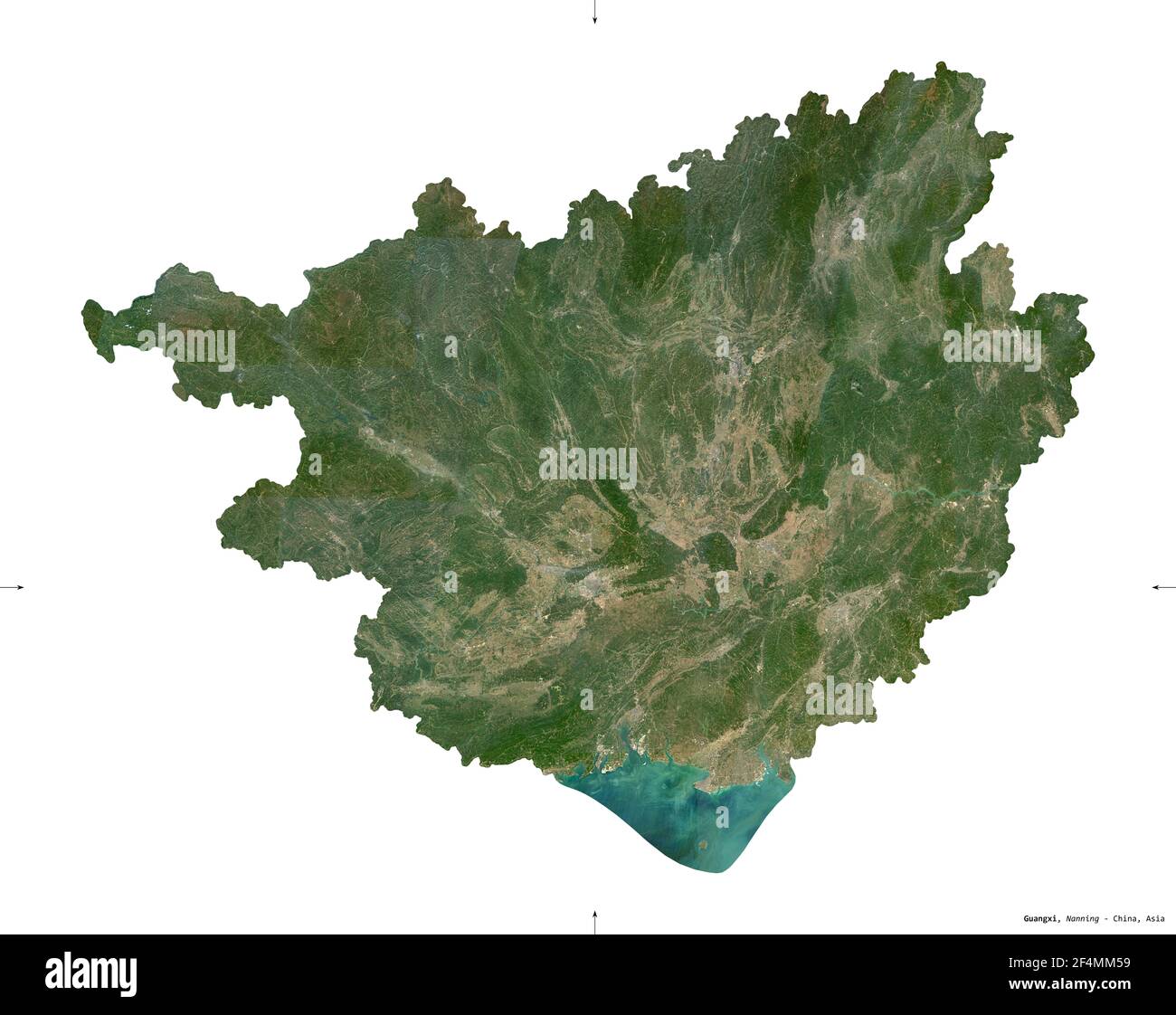 Guangxi, région autonome de Chine. Imagerie satellite Sentinel-2. Forme isolée sur solide blanc. Description, emplacement de la capitale. Contient modif Banque D'Images