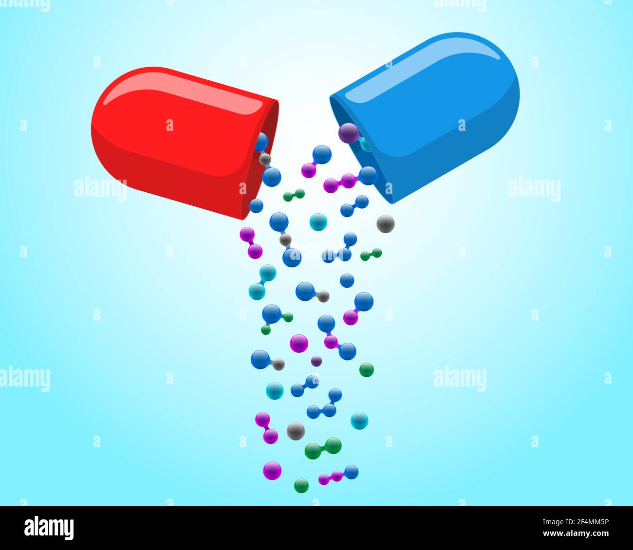 Capsule médicale pilule ouverte avec tomber des molécules colorées.Médecine la vitamine de médicament améliorer le concept de santé.Illustration des moitiés d'antibiotiques pharmaceutiques rouges et bleues avec particules vector eps Illustration de Vecteur