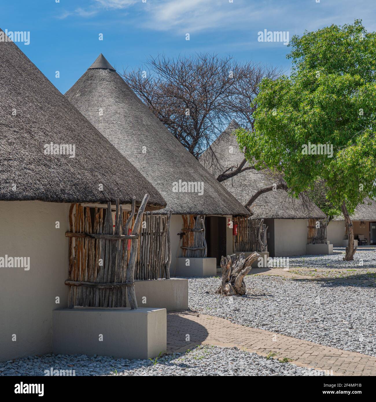 OKAUKUEJO, NAMIBIE - 14 JANVIER 2020 : complexe Okaukuejo avec toit de chaume et camping dans le parc national d'Etosha Banque D'Images