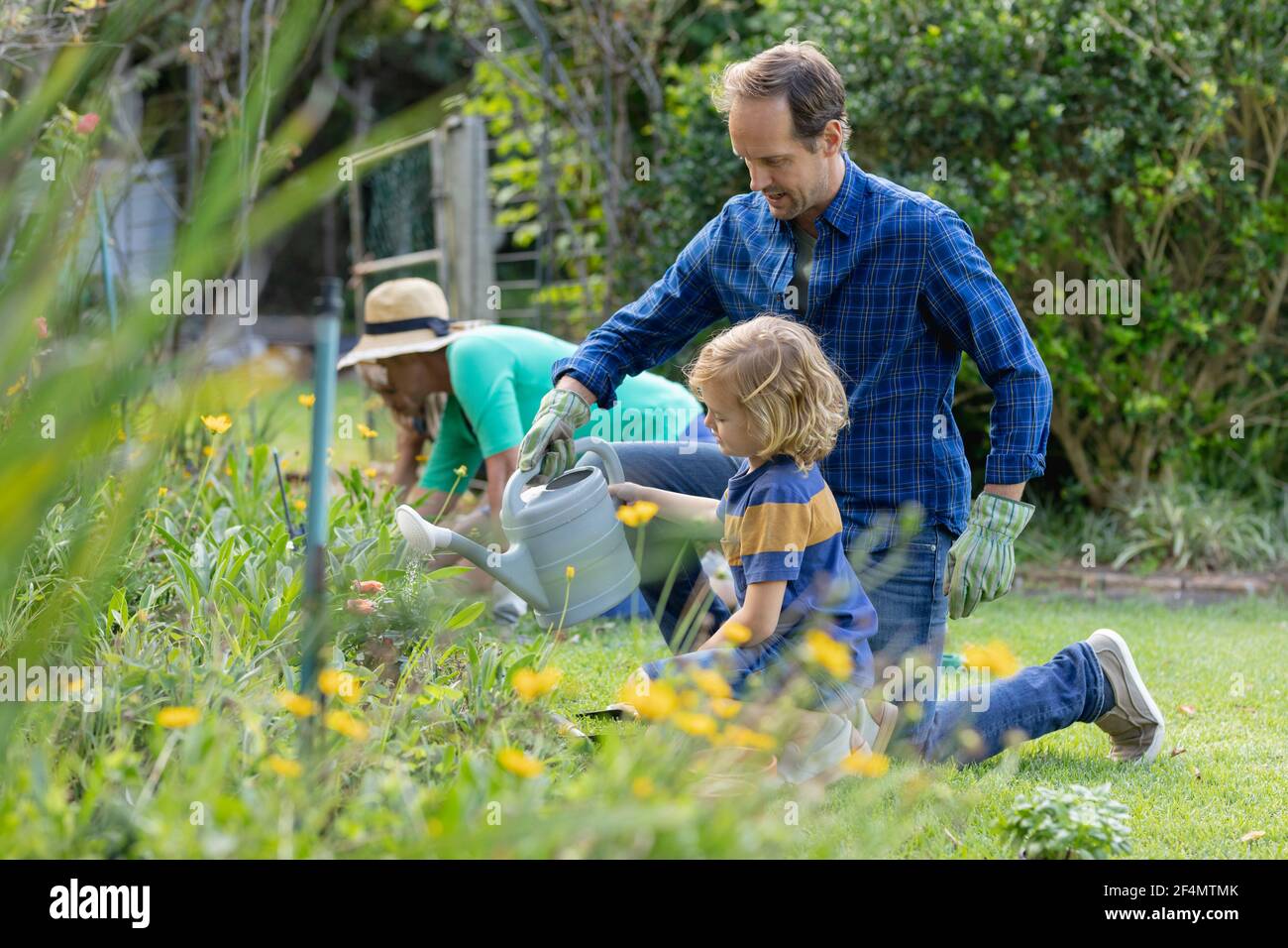 Père et fils caucasiens dans l'arrosage des plantes de jardin et le jardinage avec leur famille Banque D'Images