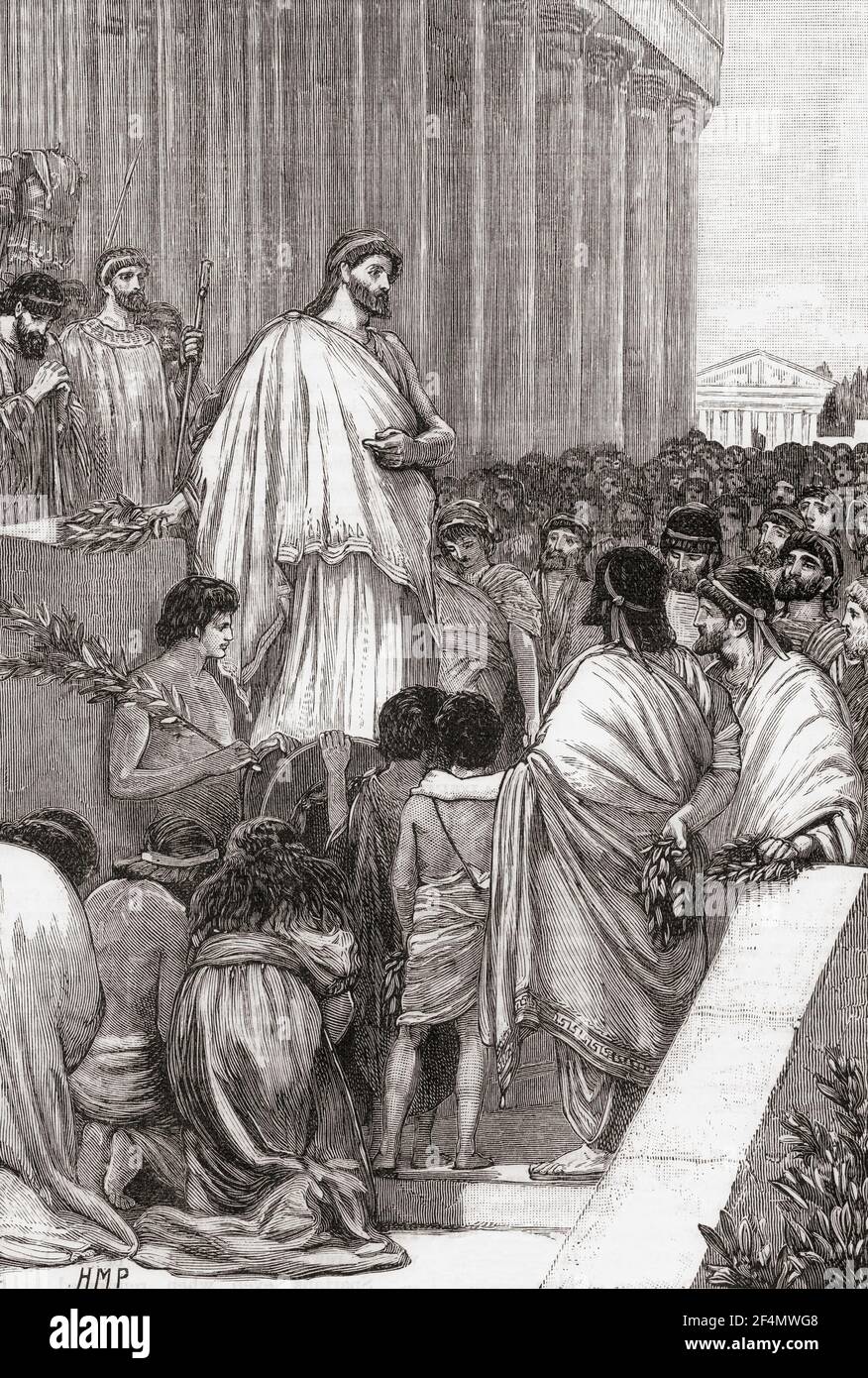Pericles délivrant son enterrement en l'honneur des Athéniens morts pour leur ville. Pericles, c. 495 – 429 C.-B. Éminent et influent homme d'État grec, orateur et général d'Athènes. De l'Histoire universelle de Cassell, publié en 1888. Banque D'Images