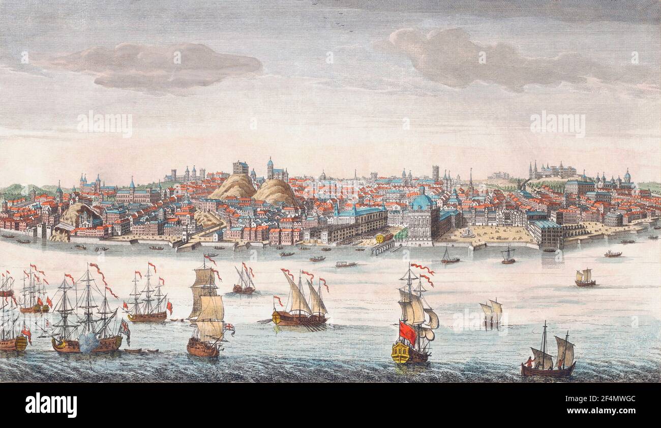 Lisbonne, Portugal, au milieu des années 1700. Après une impression d'un artiste inconnu publiée par Robert Sayer en 1752. Banque D'Images