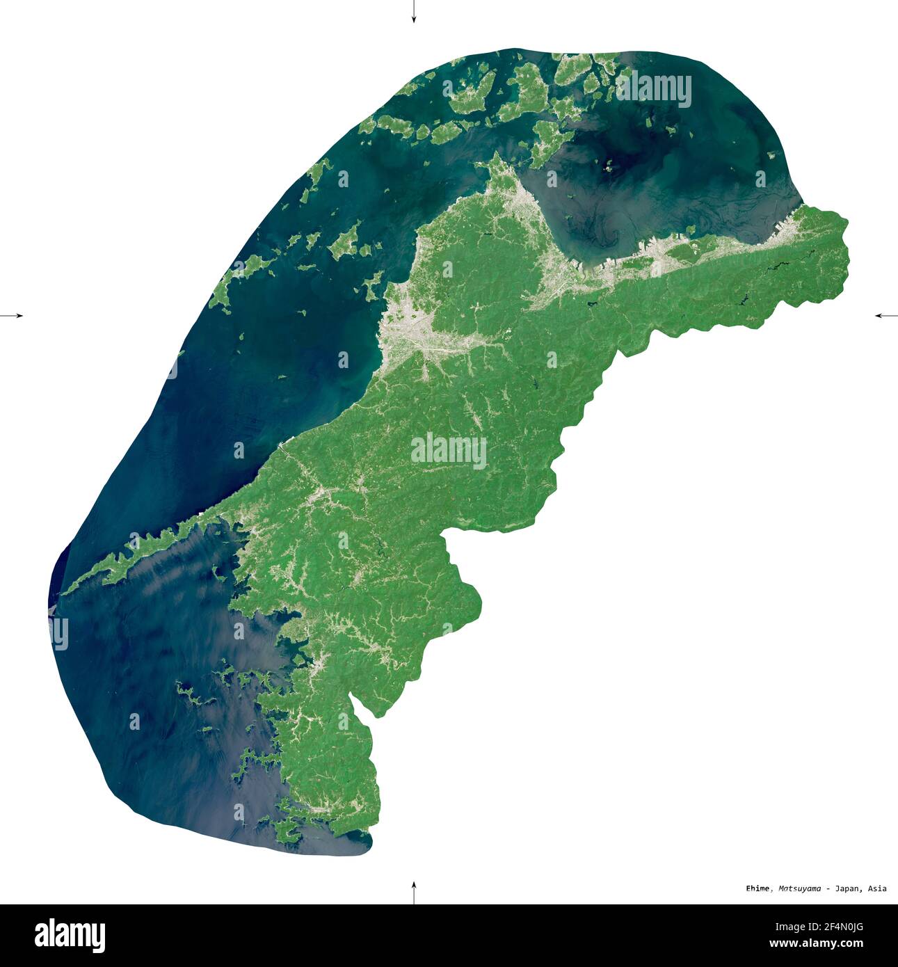 Ehime, préfecture du Japon. Imagerie satellite Sentinel-2. Forme isolée sur blanc. Description, emplacement de la capitale. Contient Copernic modifié Banque D'Images