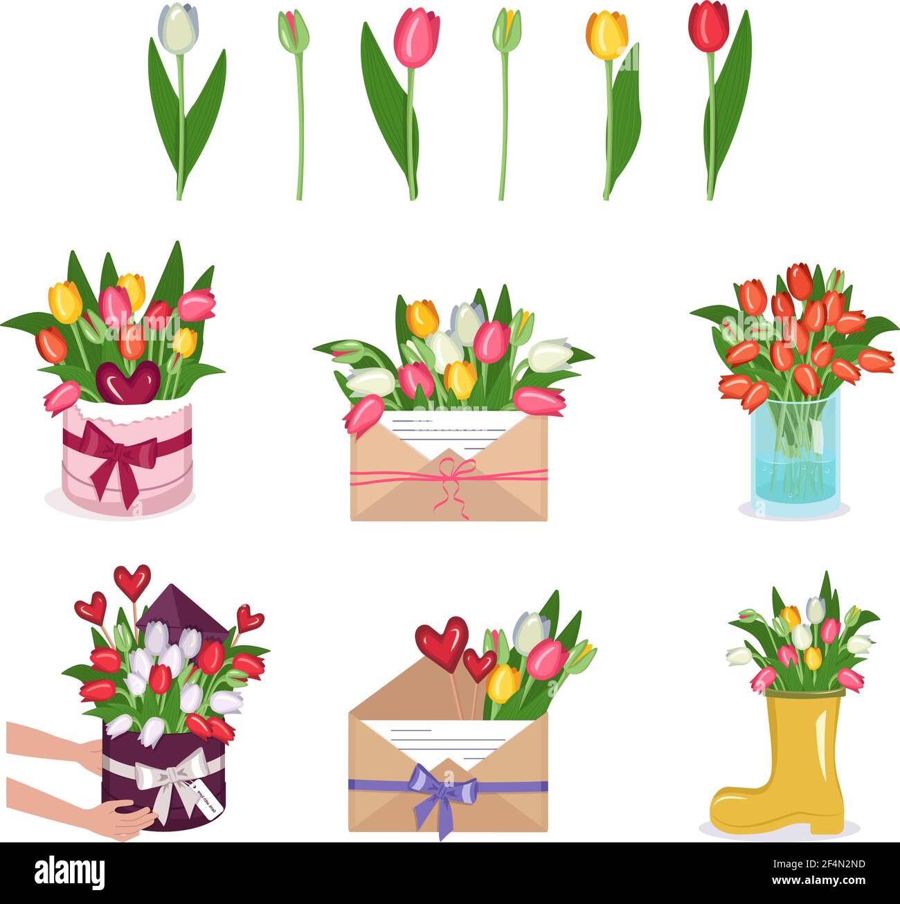 Un ensemble de tulipes, fleurs dans une boîte ronde, vase et enveloppe Illustration de Vecteur