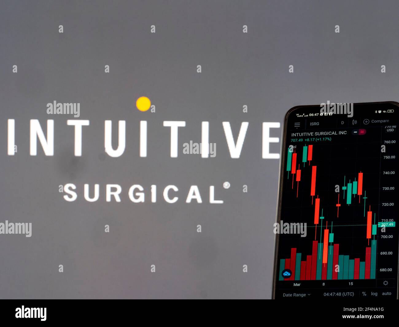 Dans cette illustration, les informations boursières de intuitive Surgical Inc affichées sur un smartphone avec le logo chirurgical intuitif en arrière-plan. Banque D'Images