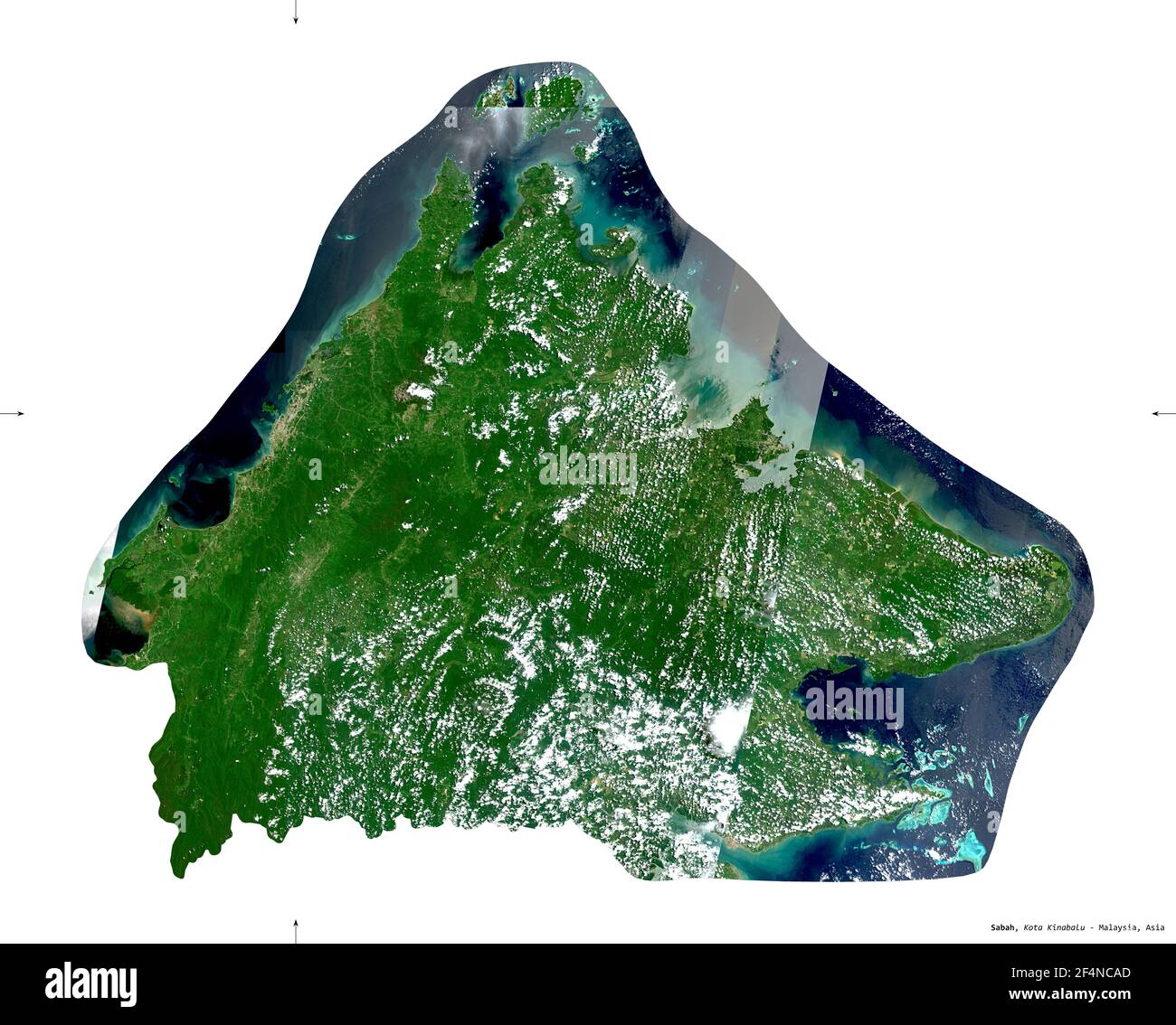Sabah, État de Malaisie. Imagerie satellite Sentinel-2. Forme isolée sur solide blanc. Description, emplacement de la capitale. Contient Coperni modifié Banque D'Images