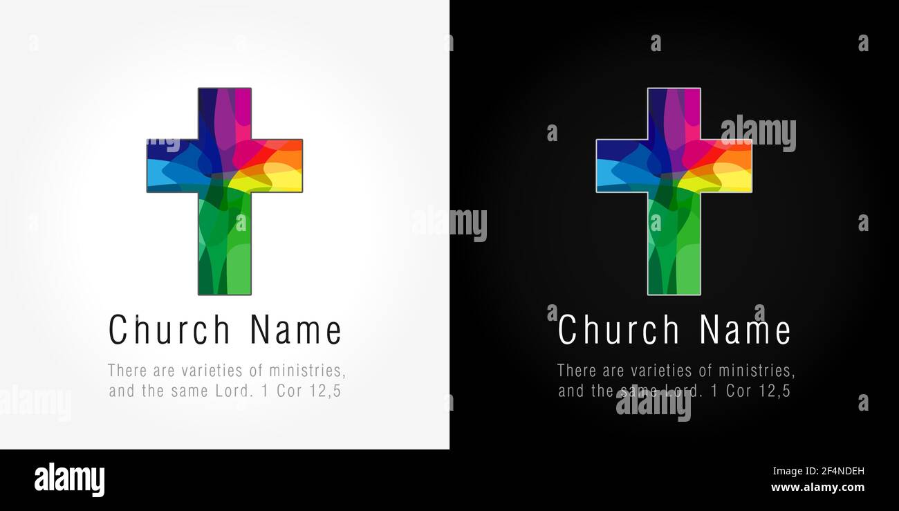 Logo Cross. Logotype de vecteur d'église chrétienne. Crucifixion en vitrail. Symbole religieux, concept de carte de vœux. Abstrait isolé design graphique tem Illustration de Vecteur