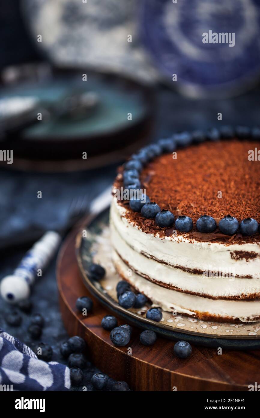 Délicieux gâteau à la vanille crème aigre maison décoré de chocolat et myrtille fraîche Banque D'Images