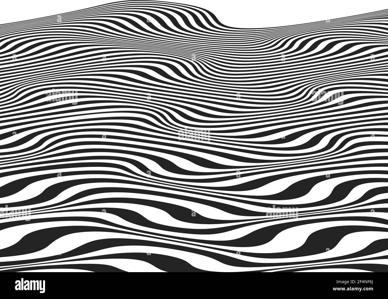 Illusion optique motif ondulé. Arrière-plan avec courbes abstraites monochromes en vue perspective. Bandes courbes noires et blanches. Conception de lignes hypnotiques ve Illustration de Vecteur